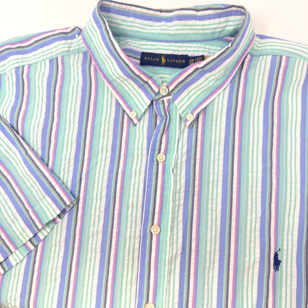 Ralph Lauren Mens 3XB Seersucker Striped Short Sleeve Button Down Shirt Multi